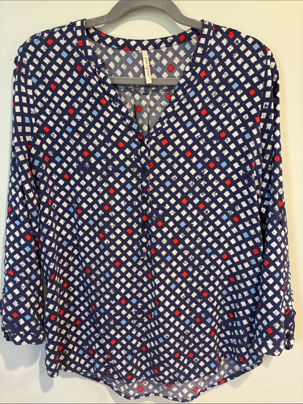 Grand & Greene Navy Geometric Button Front Blouse Size Small